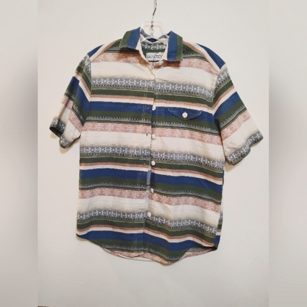 Striped Embroidery Pattern Short Sleeve Button-Up Shirt CABIN CREEK (R) Cotton M